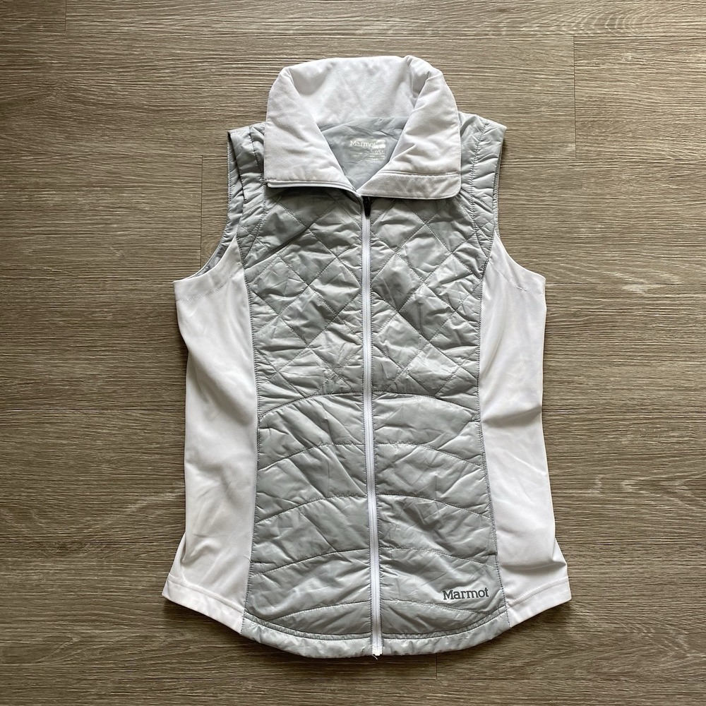 Marmot Kitzbuhel Vest Womens S Gray White Quilted Puffer Full Zip Hiking Outdoor